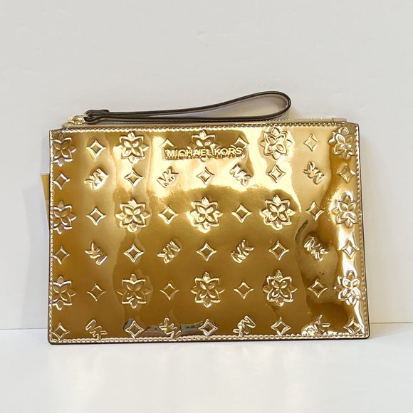 Michael Kors Jet Set Travel XL Clutch Wristlet Mirror Metallic MK Pale Gold - Picture 1 of 6